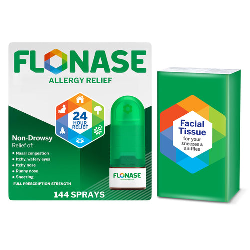 Flonase Allergy Relief Nasal Spray 24-Hour Non-Drowsy Multi-Symptom Relief – 144 Sprays Bonus Pack of Tissues