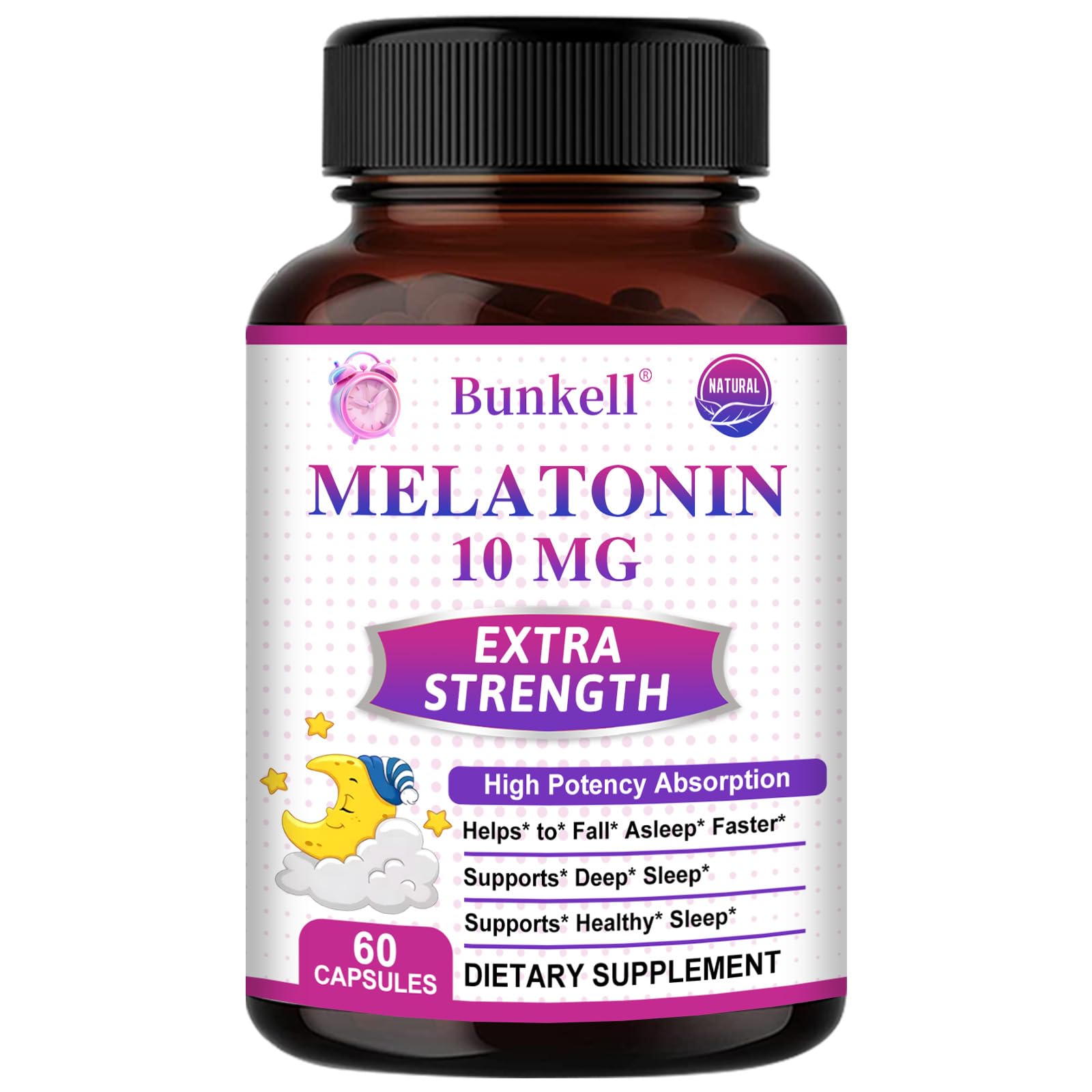 Bunkell Melatonin 10mg Natural Extra Strength Formula Supports Deep Restful Sleep Sleep Aid for Adults Non-GMO Melatonin Sleep Supplement for Sleep Health Support 60 Count
